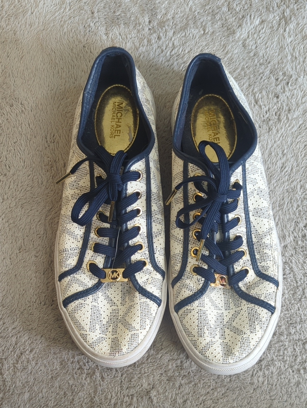 MICHAEL Michael Kors Size 11‎ Cream Gold Signature MK Logo Lace Up Sneakers